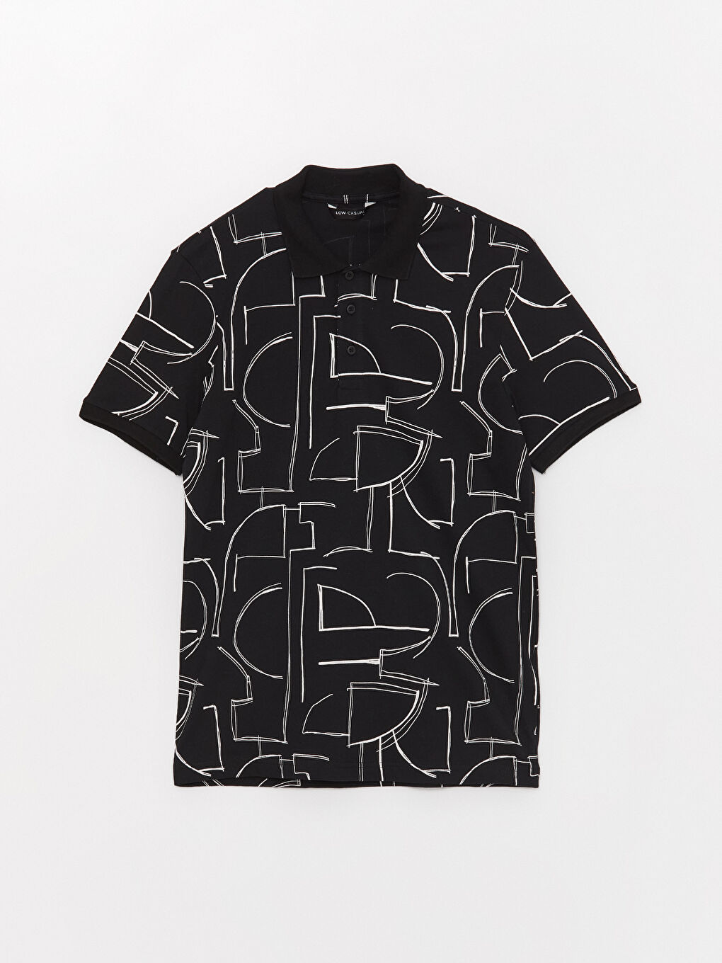 Siyah Polo Yaka Kısa Kollu Desenli Penye Erkek Tişört-5