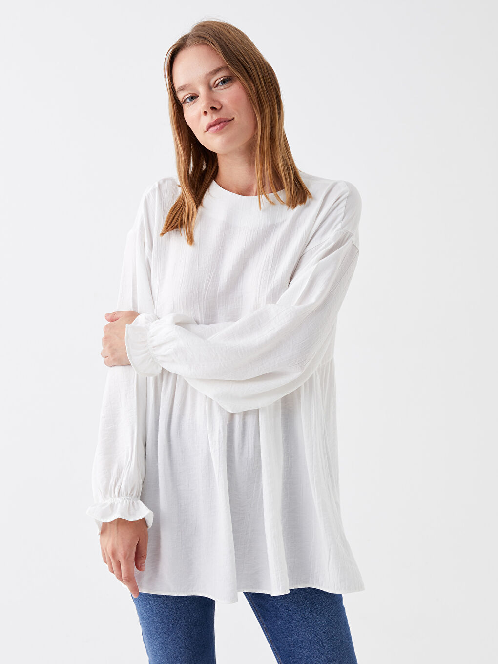Ekru Bisiklet Yaka Düz Uzun Kollu Kadın Tunik