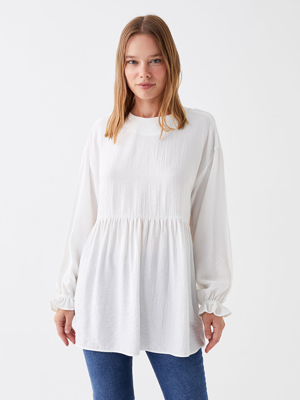 Ekru Bisiklet Yaka Düz Uzun Kollu Kadın Tunik-1