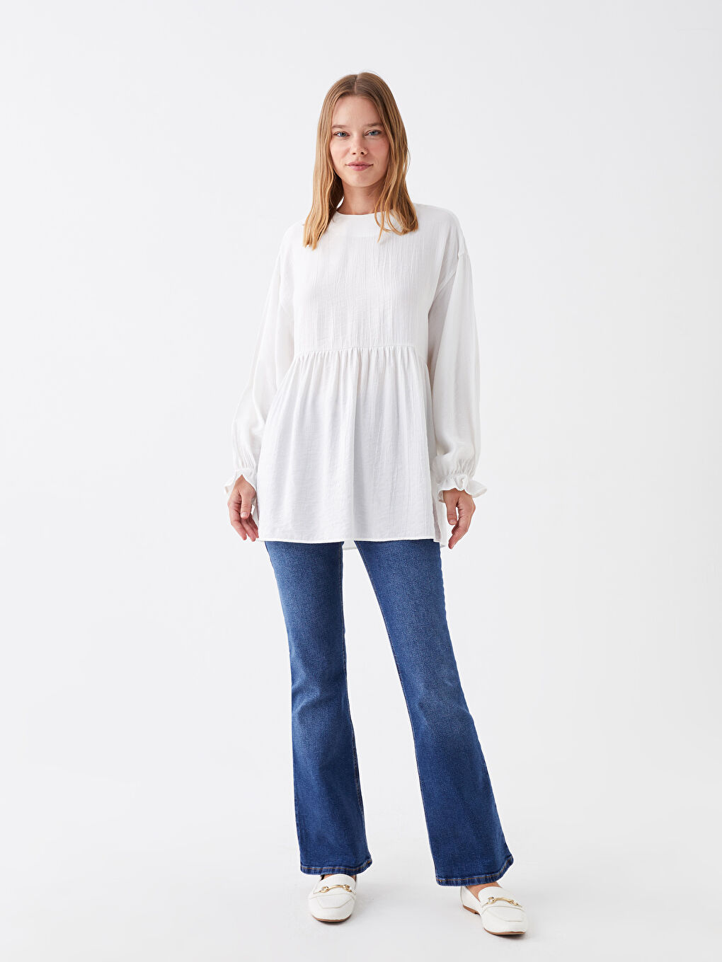 Ekru Bisiklet Yaka Düz Uzun Kollu Kadın Tunik-2