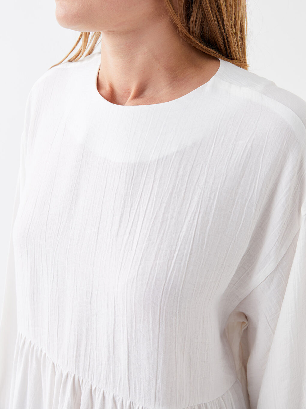 Ekru Bisiklet Yaka Düz Uzun Kollu Kadın Tunik-3