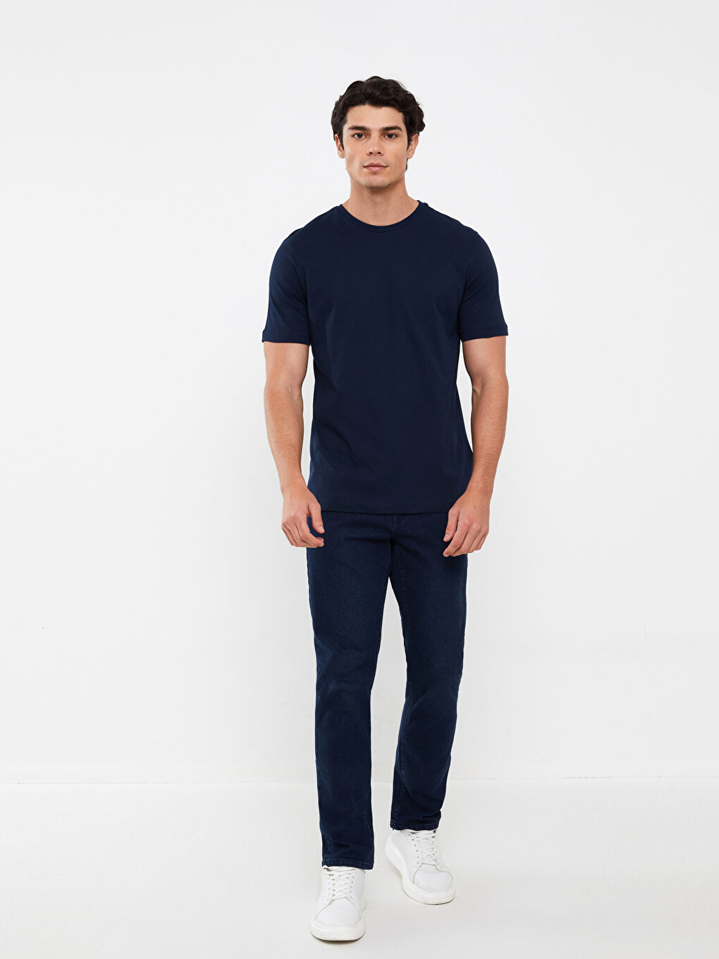 Lacivert Bisiklet Yaka Penye Erkek Tişört-1