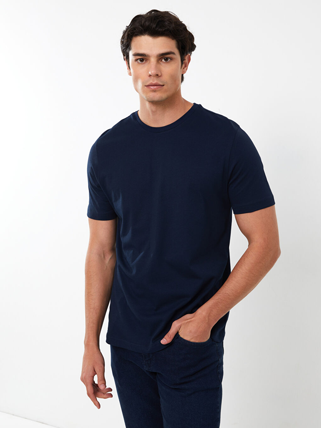 Lacivert Bisiklet Yaka Penye Erkek Tişört-2