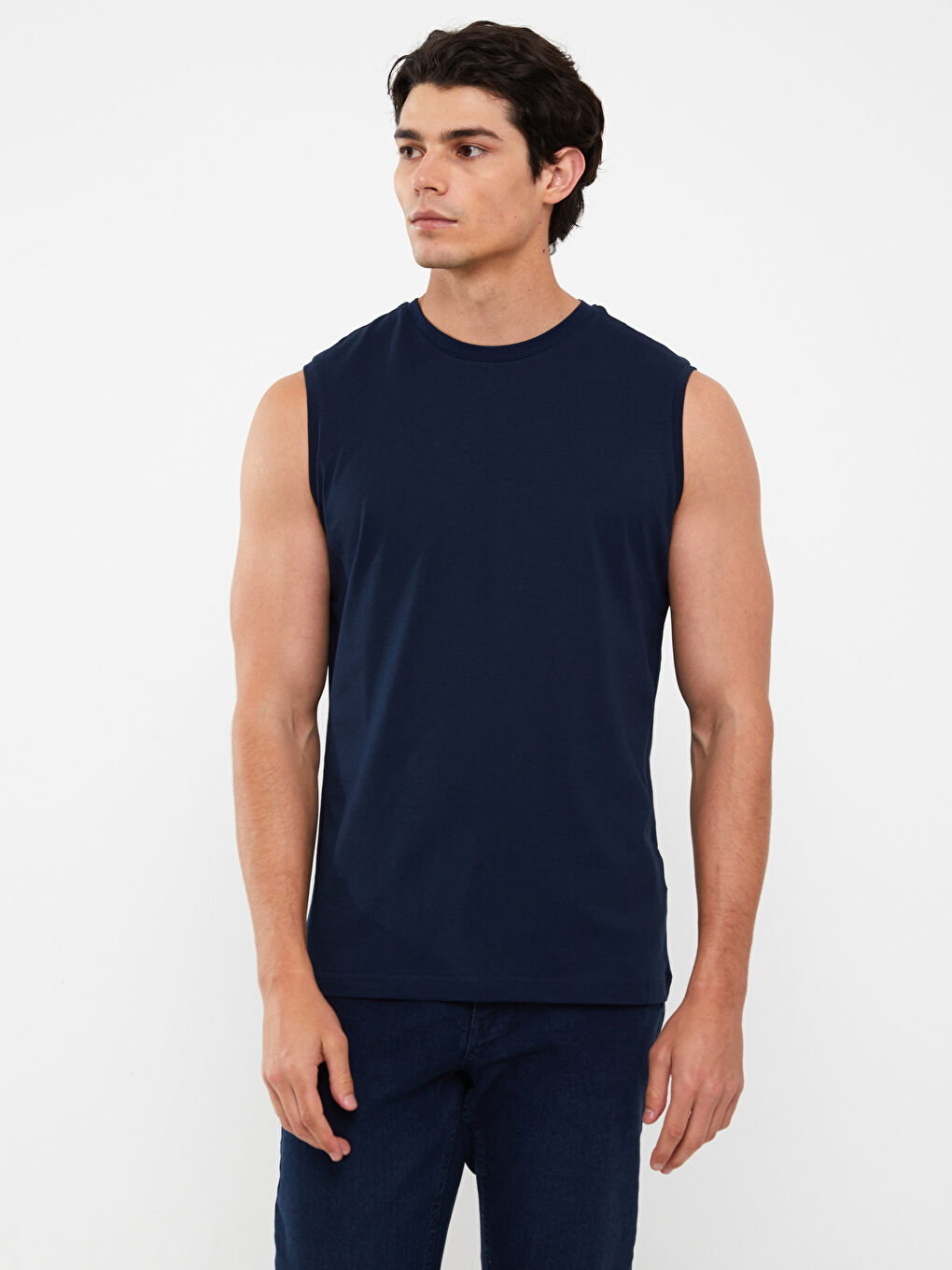 Lacivert Bisiklet Yaka Penye Erkek Kolsuz Tişört-2