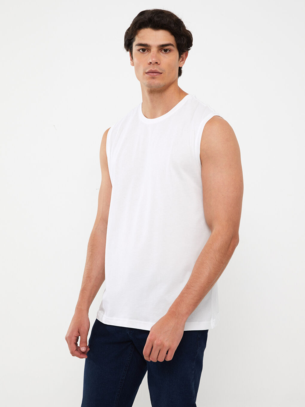 Beyaz Bisiklet Yaka Penye Erkek Kolsuz Tişört