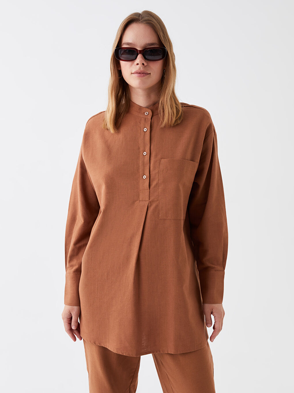 Grandad Collar Long Sleeve Linen Blend Women's Tunic