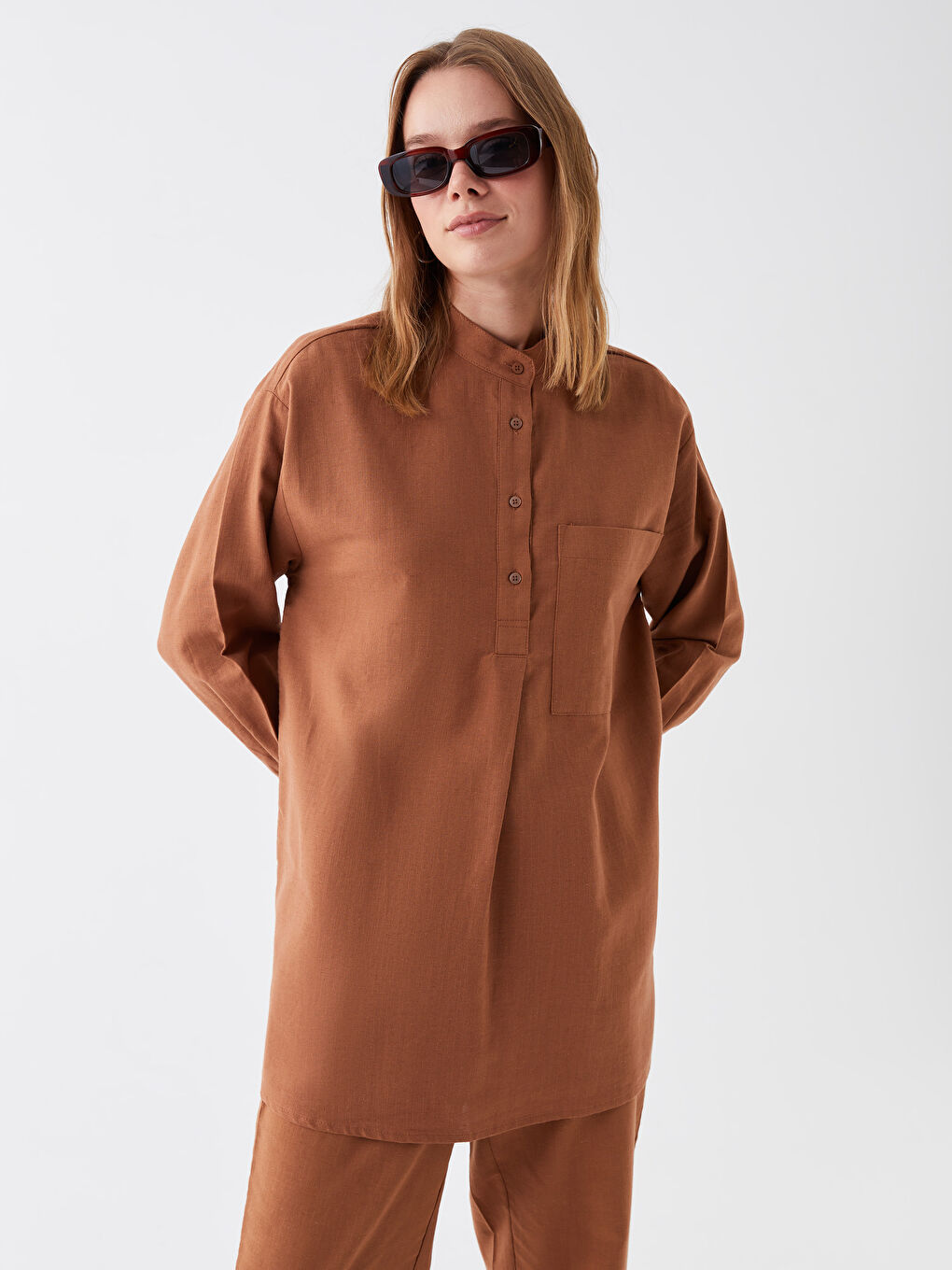 Grandad Collar Long Sleeve Linen Blend Women's Tunic-1