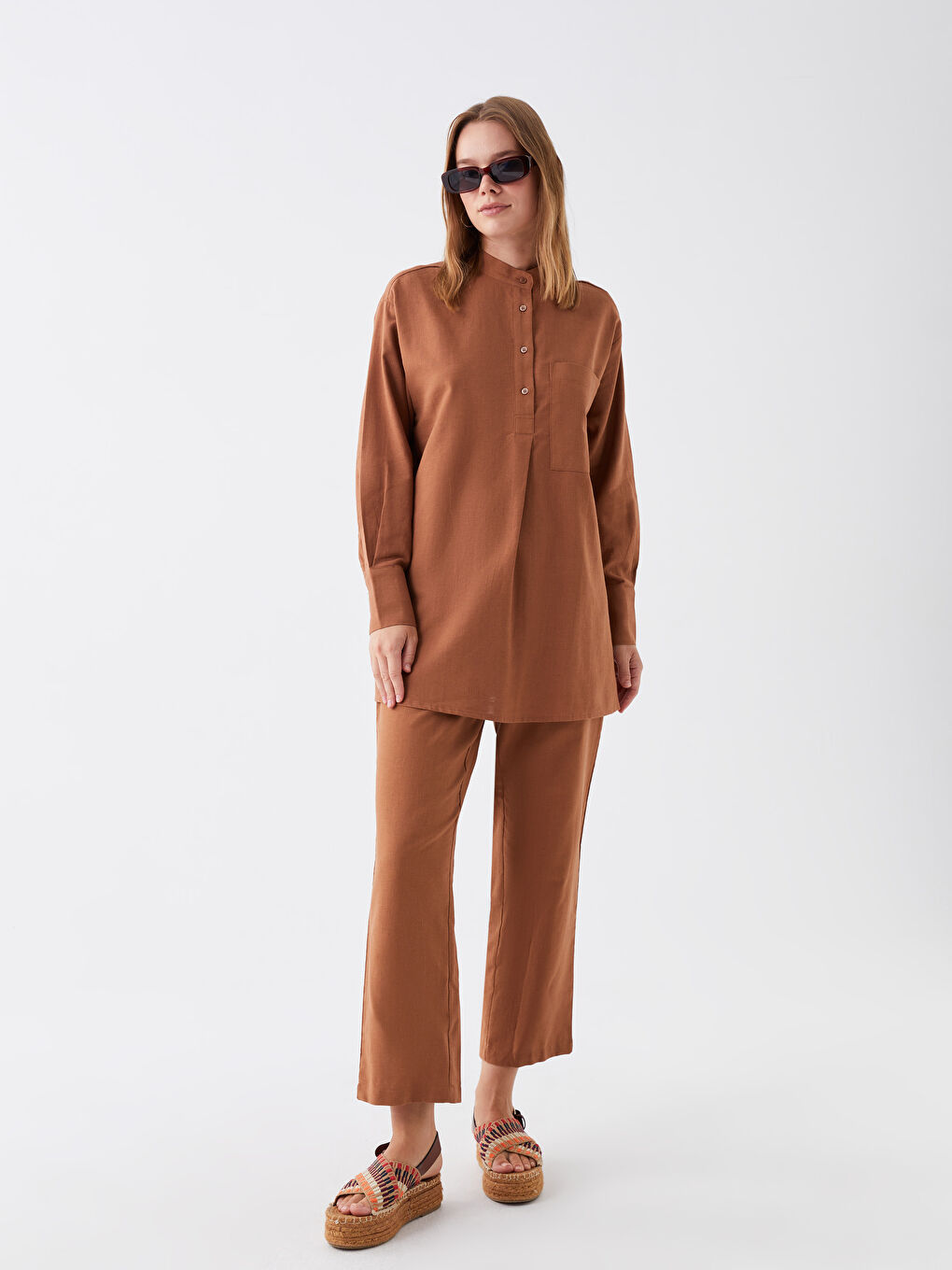 Grandad Collar Long Sleeve Linen Blend Women's Tunic-2