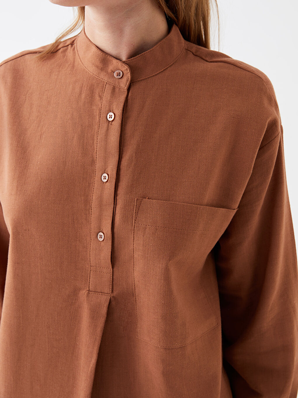 Grandad Collar Long Sleeve Linen Blend Women's Tunic-3