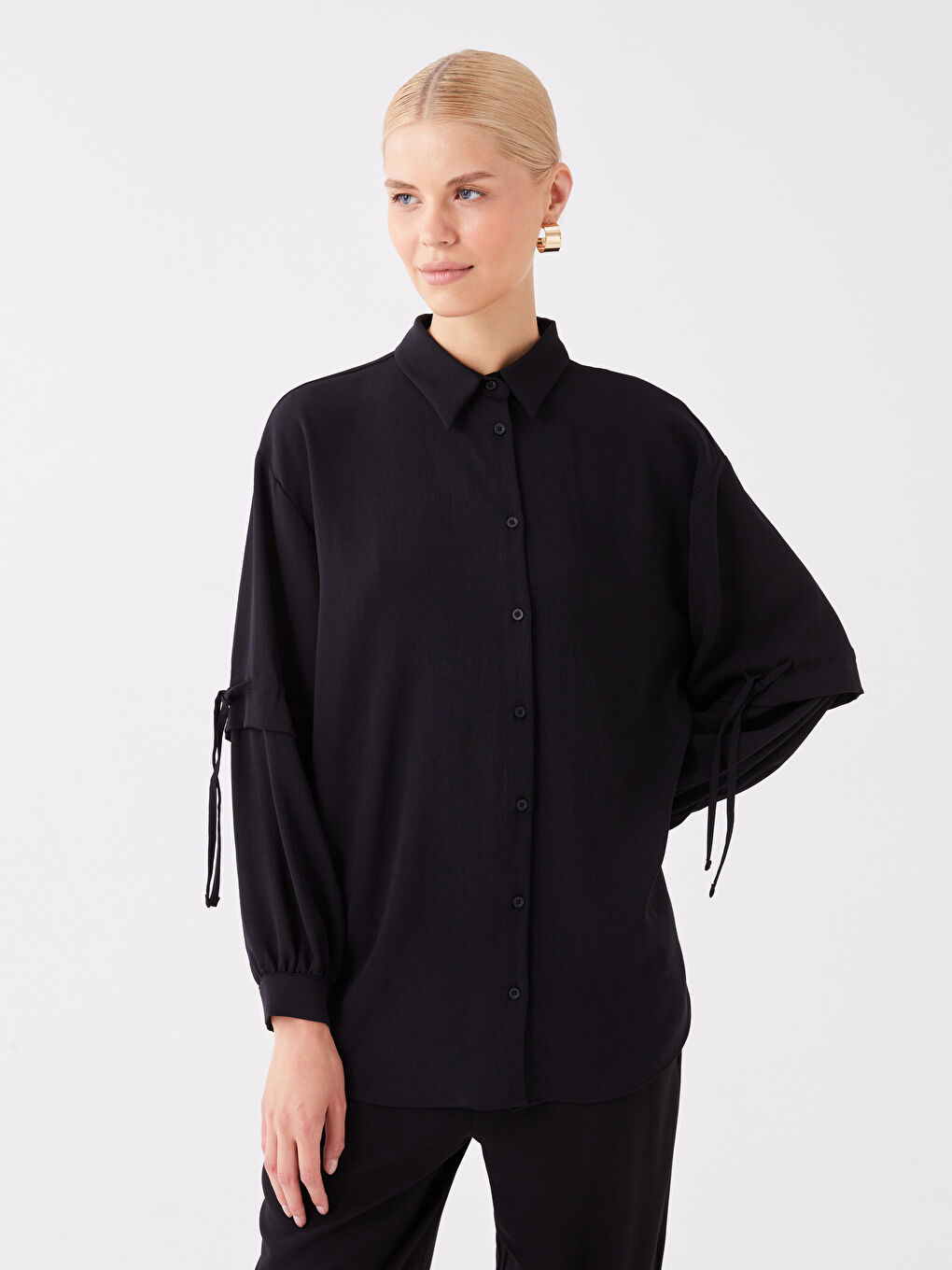 Siyah Düz Uzun Kollu Oversize Kadın Gömlek Tunik