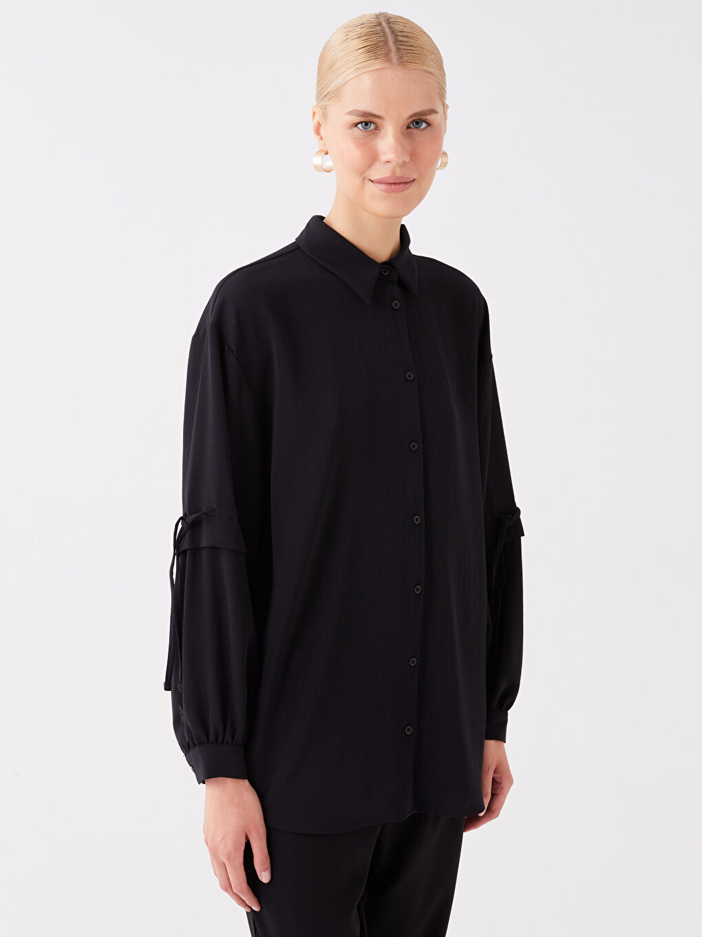 Siyah Düz Uzun Kollu Oversize Kadın Gömlek Tunik-1