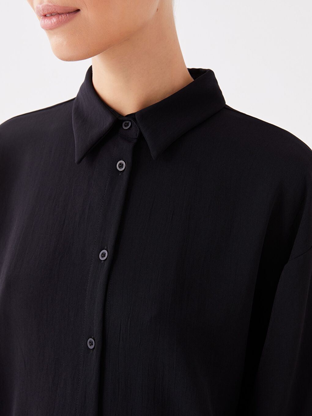 Siyah Düz Uzun Kollu Oversize Kadın Gömlek Tunik-3