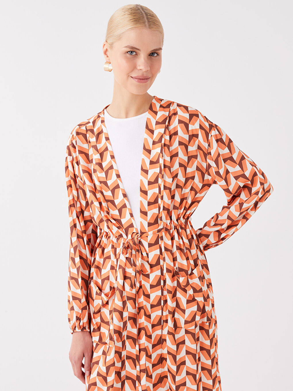 Shawl Collar Patterned Long Sleeve Women's Kimono -S3KJ49Z8-LSP
