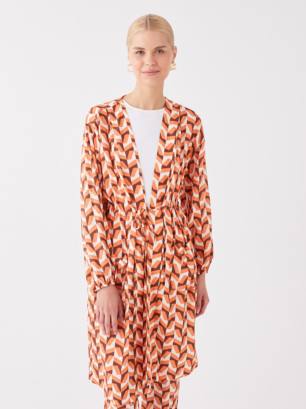 Shawl Collar Patterned Long Sleeve Women's Kimono -S3KJ49Z8-LSP