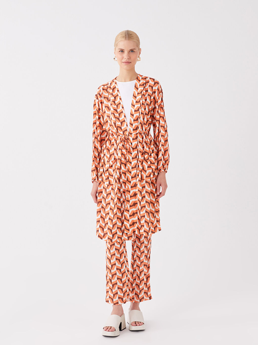 Shawl Collar Patterned Long Sleeve Women's Kimono -S3KJ49Z8-LSP