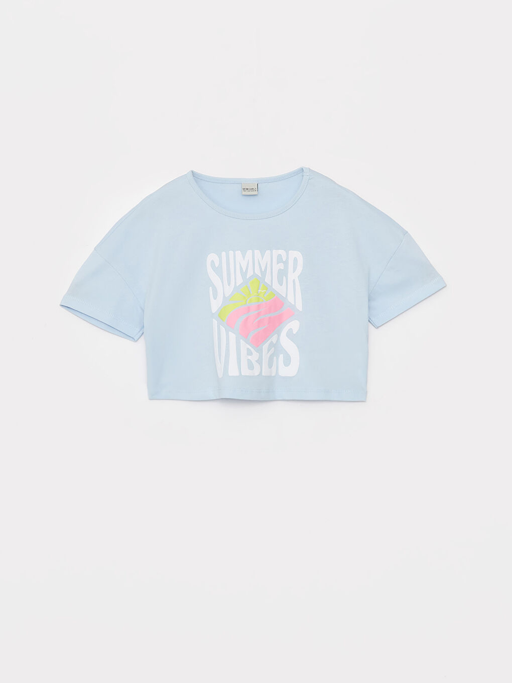 Turkuaz Bisiklet Yaka Baskılı Kısa Kollu Kız Çocuk Crop Tişört-3