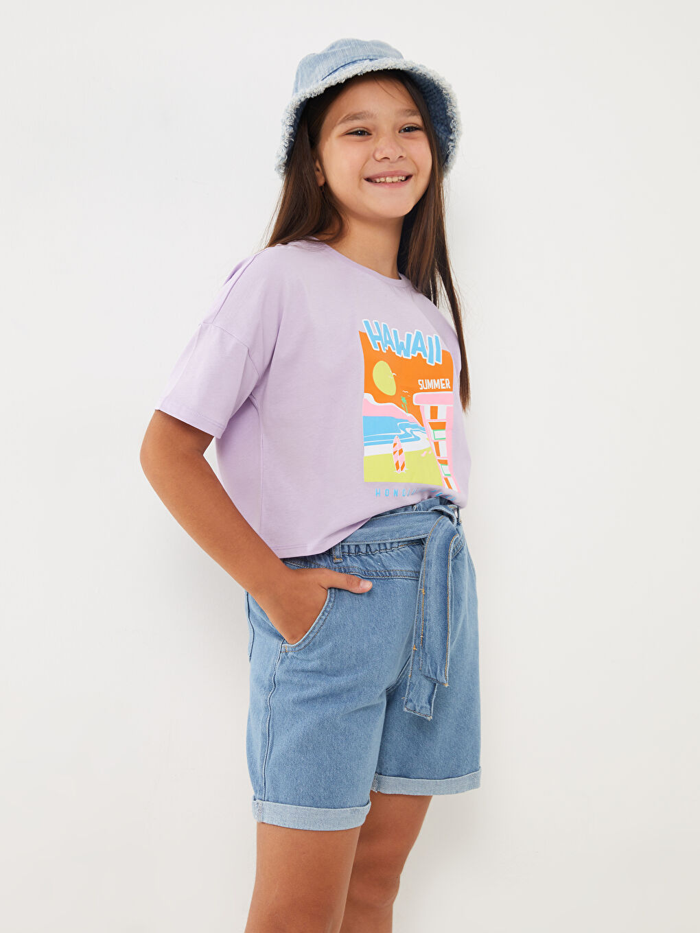 Lila Bisiklet Yaka Baskılı Kısa Kollu Kız Çocuk Crop Tişört-1
