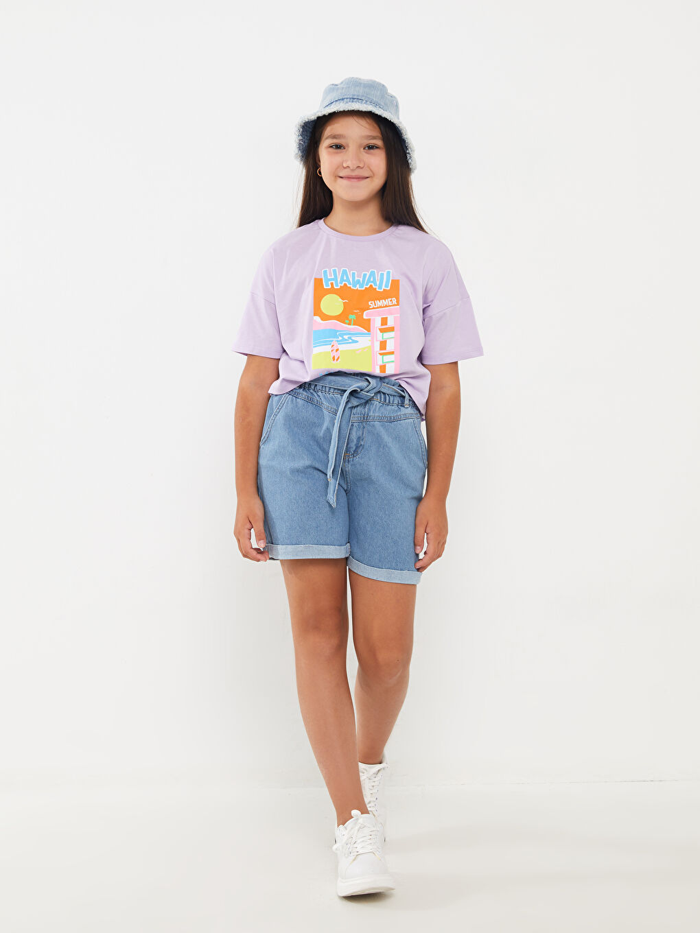 Lila Bisiklet Yaka Baskılı Kısa Kollu Kız Çocuk Crop Tişört-2