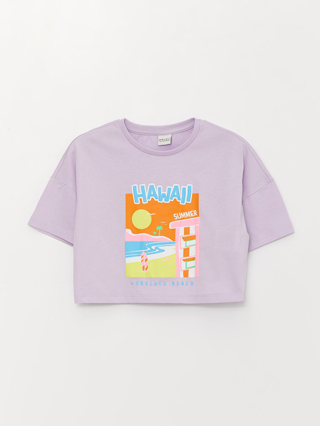 Lila Bisiklet Yaka Baskılı Kısa Kollu Kız Çocuk Crop Tişört-3