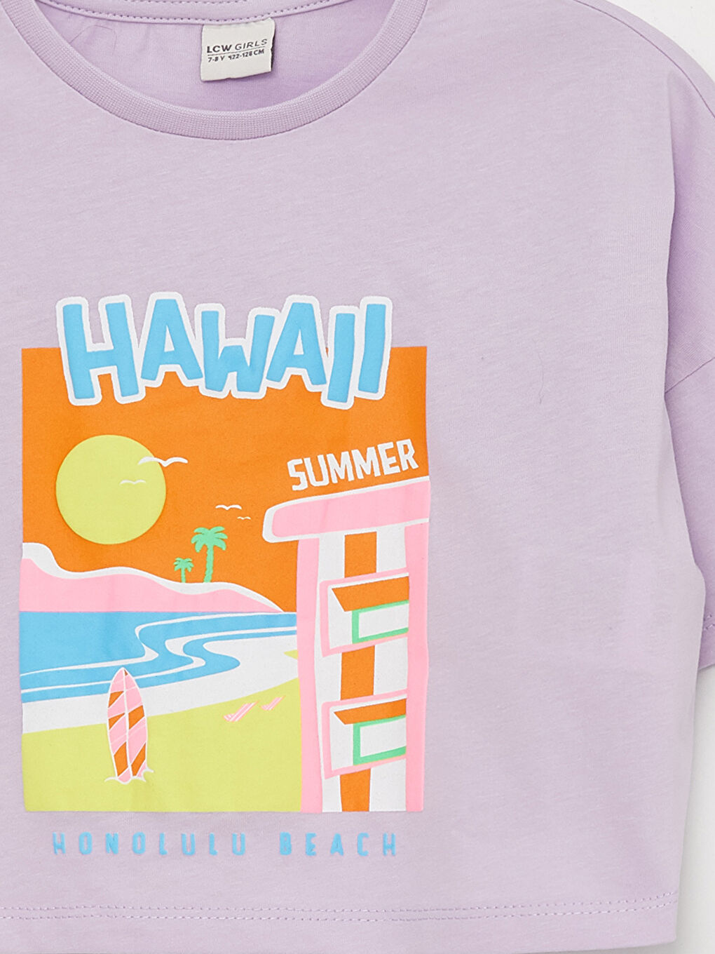 Lila Bisiklet Yaka Baskılı Kısa Kollu Kız Çocuk Crop Tişört-5