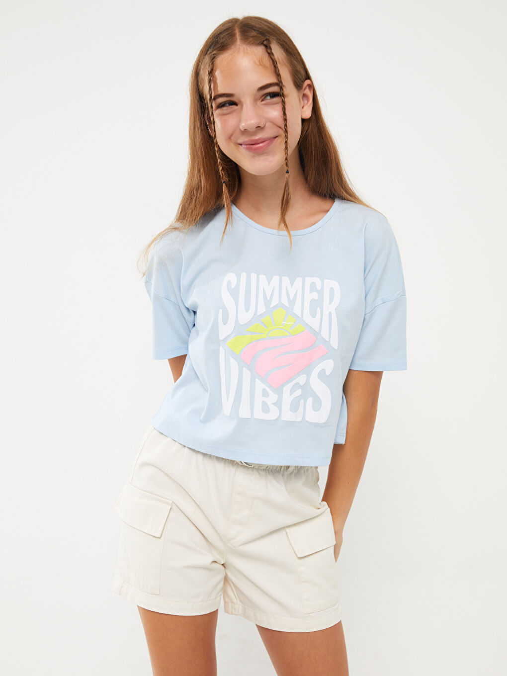 Turkuaz Bisiklet Yaka Baskılı Kısa Kollu Kız Çocuk Crop Tişört