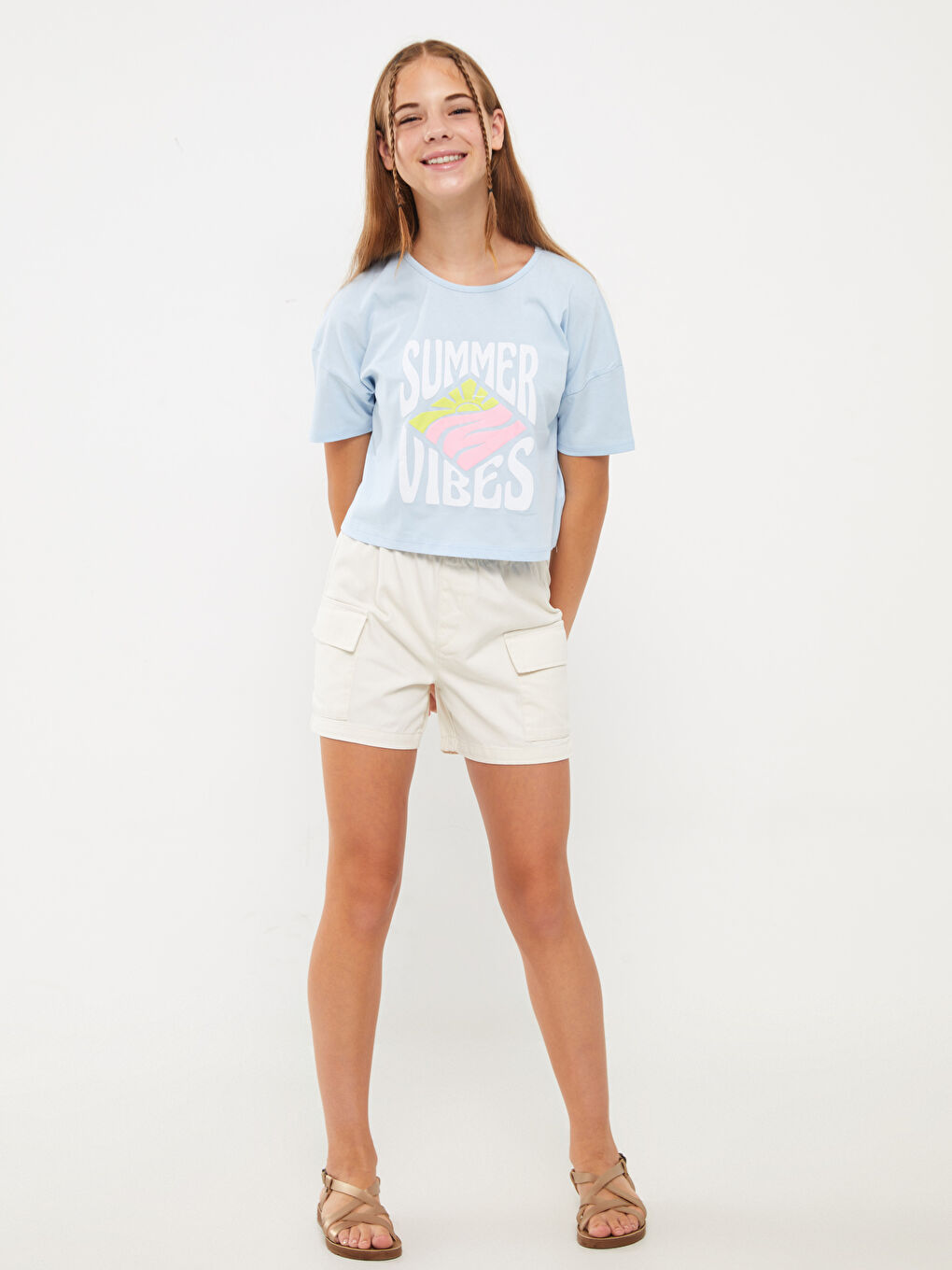 Turkuaz Bisiklet Yaka Baskılı Kısa Kollu Kız Çocuk Crop Tişört-1