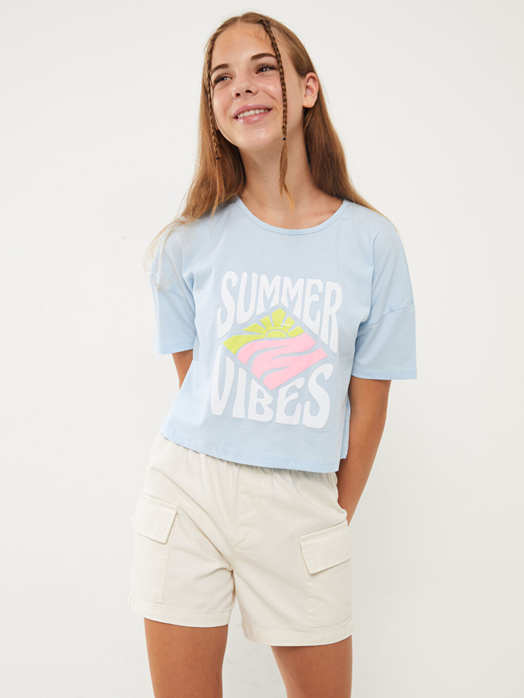 Turkuaz Bisiklet Yaka Baskılı Kısa Kollu Kız Çocuk Crop Tişört-2