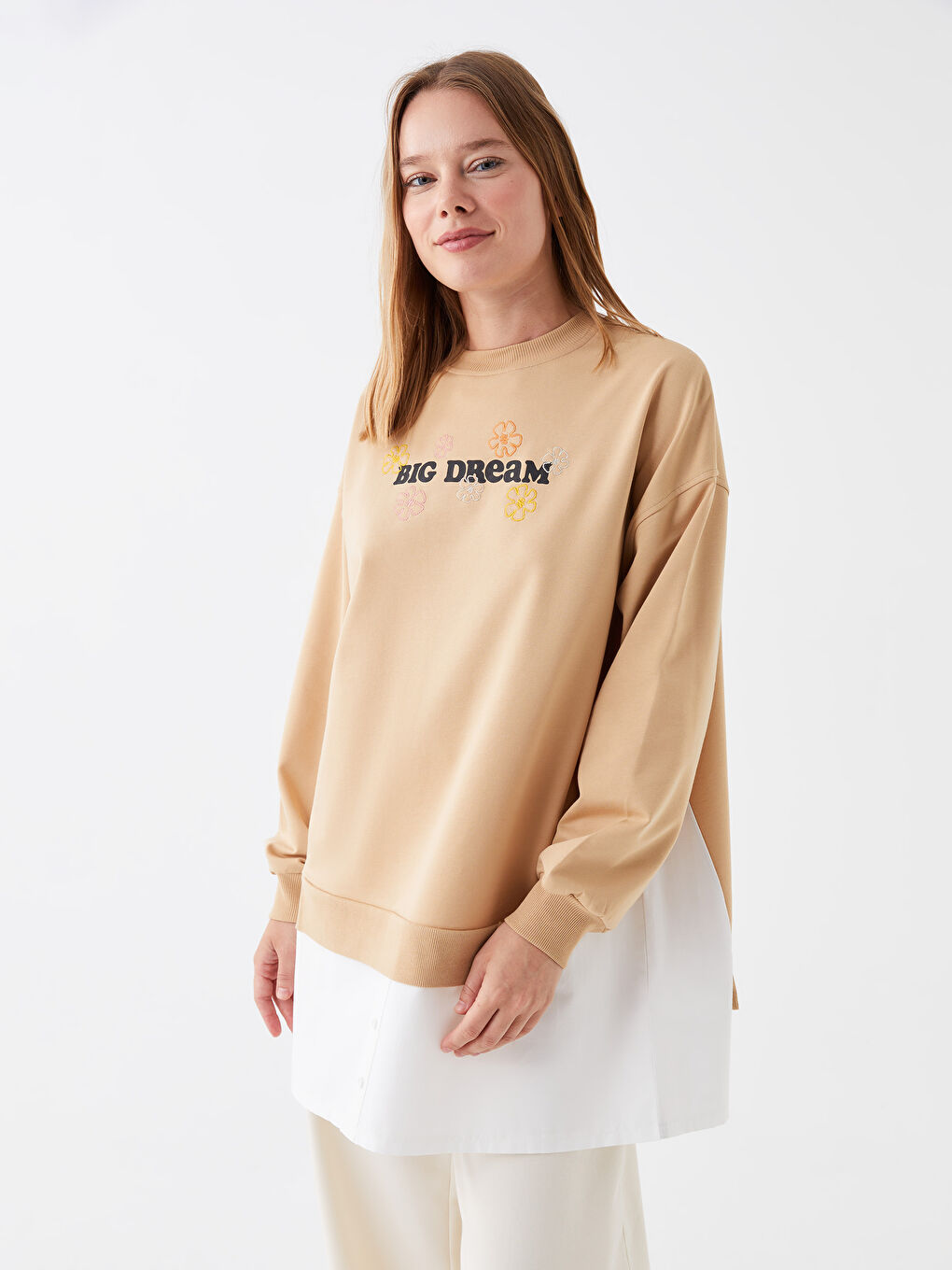 Bej Bisiklet Yaka Nakışlı Uzun Kollu Kadın Sweatshirt Tunik