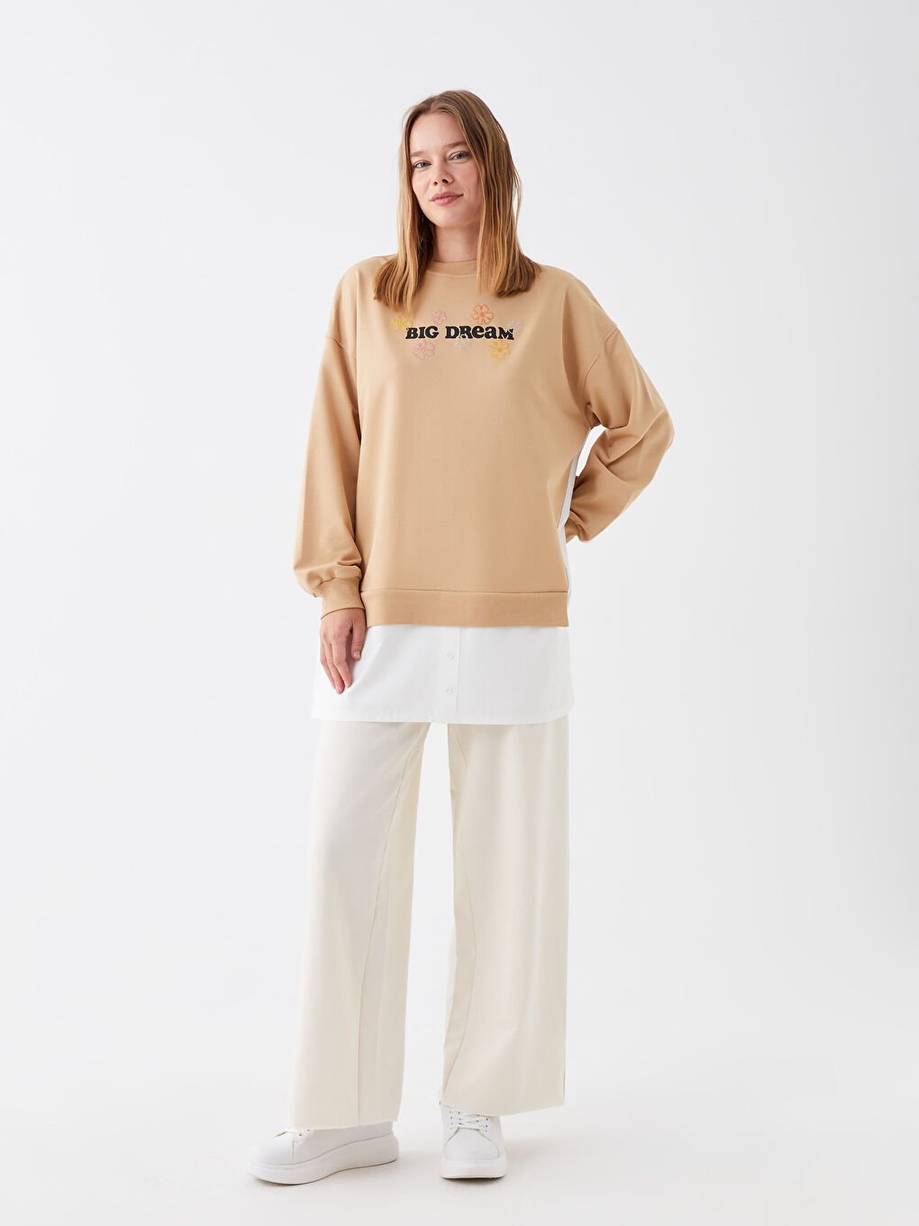 Bej Bisiklet Yaka Nakışlı Uzun Kollu Kadın Sweatshirt Tunik-2