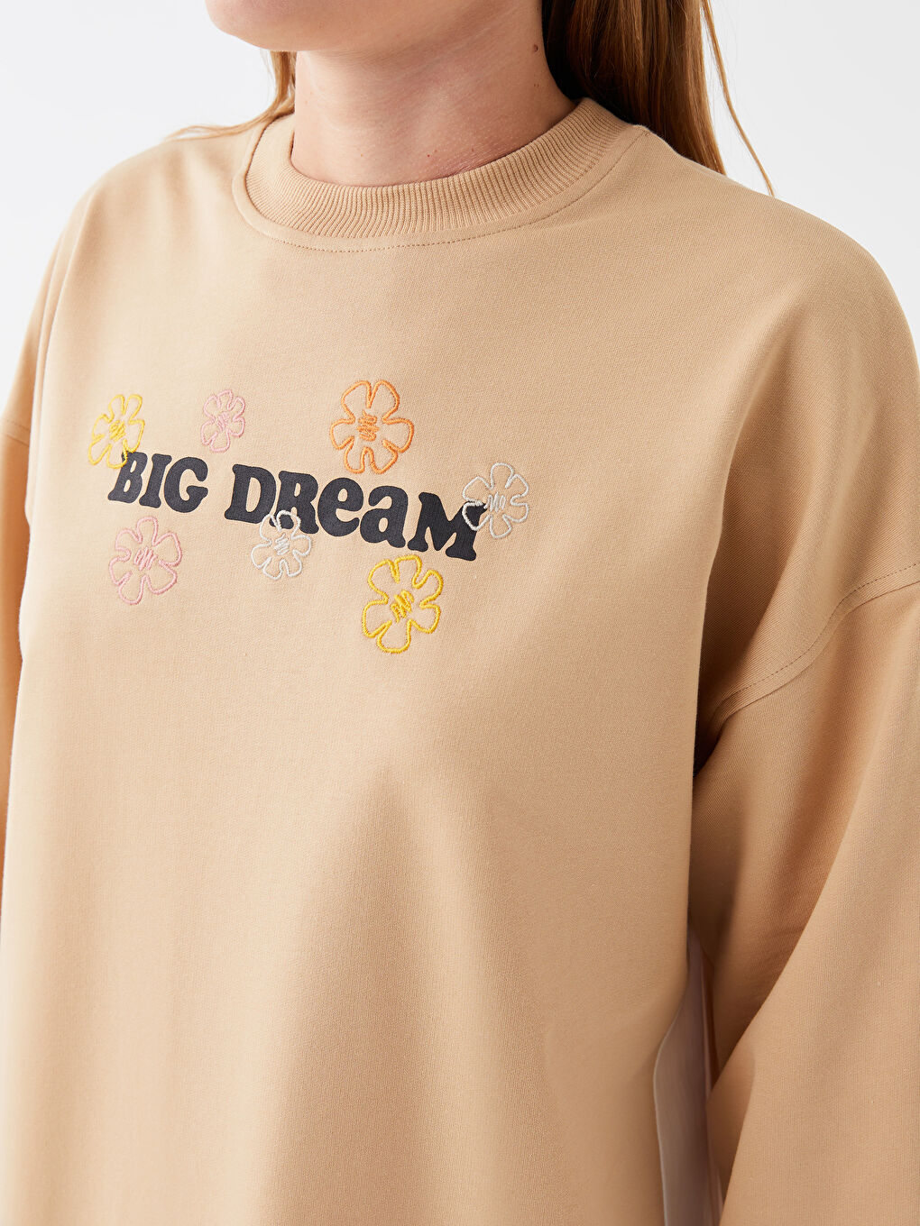 Bej Bisiklet Yaka Nakışlı Uzun Kollu Kadın Sweatshirt Tunik-3