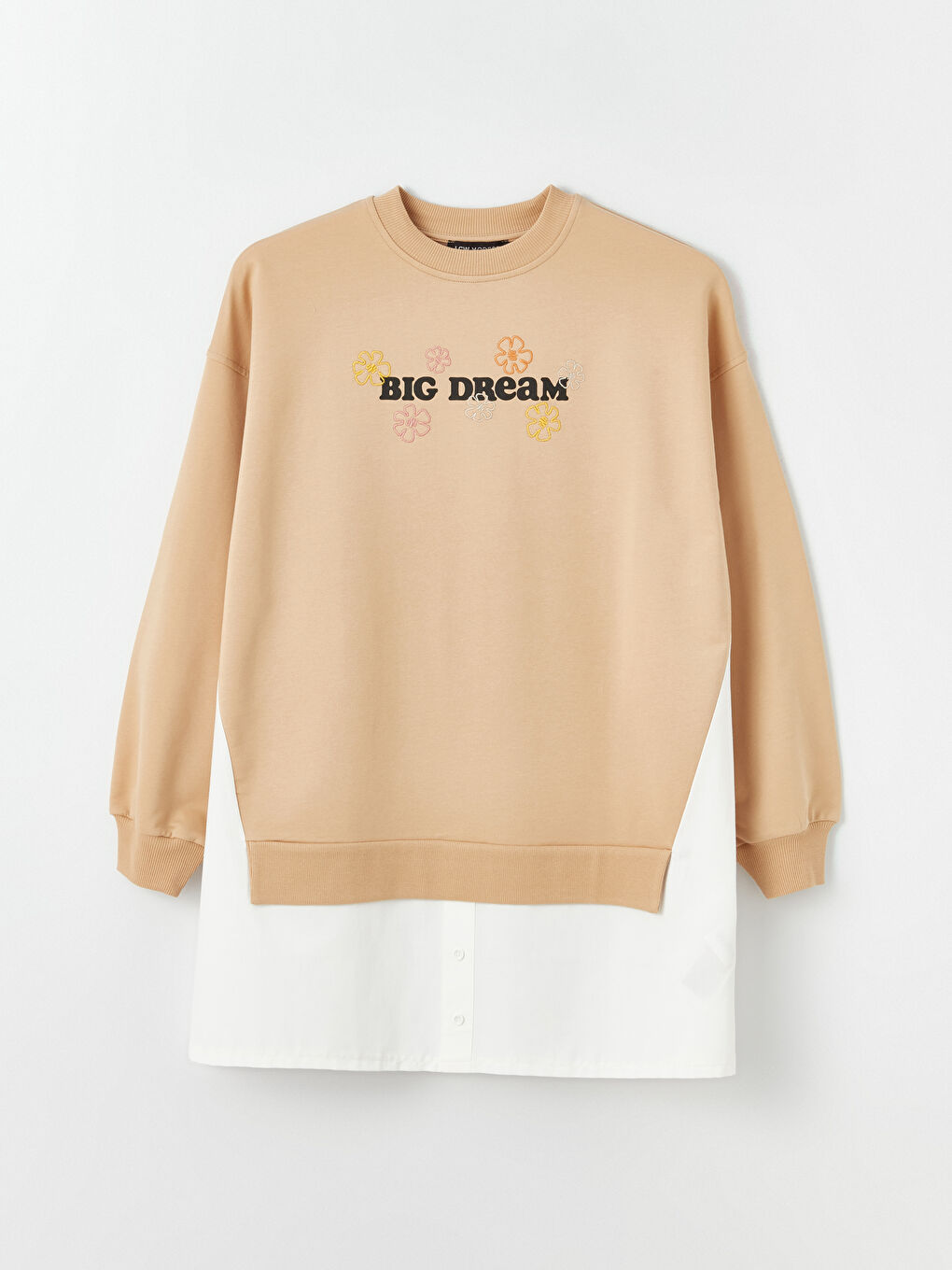 Bej Bisiklet Yaka Nakışlı Uzun Kollu Kadın Sweatshirt Tunik-5