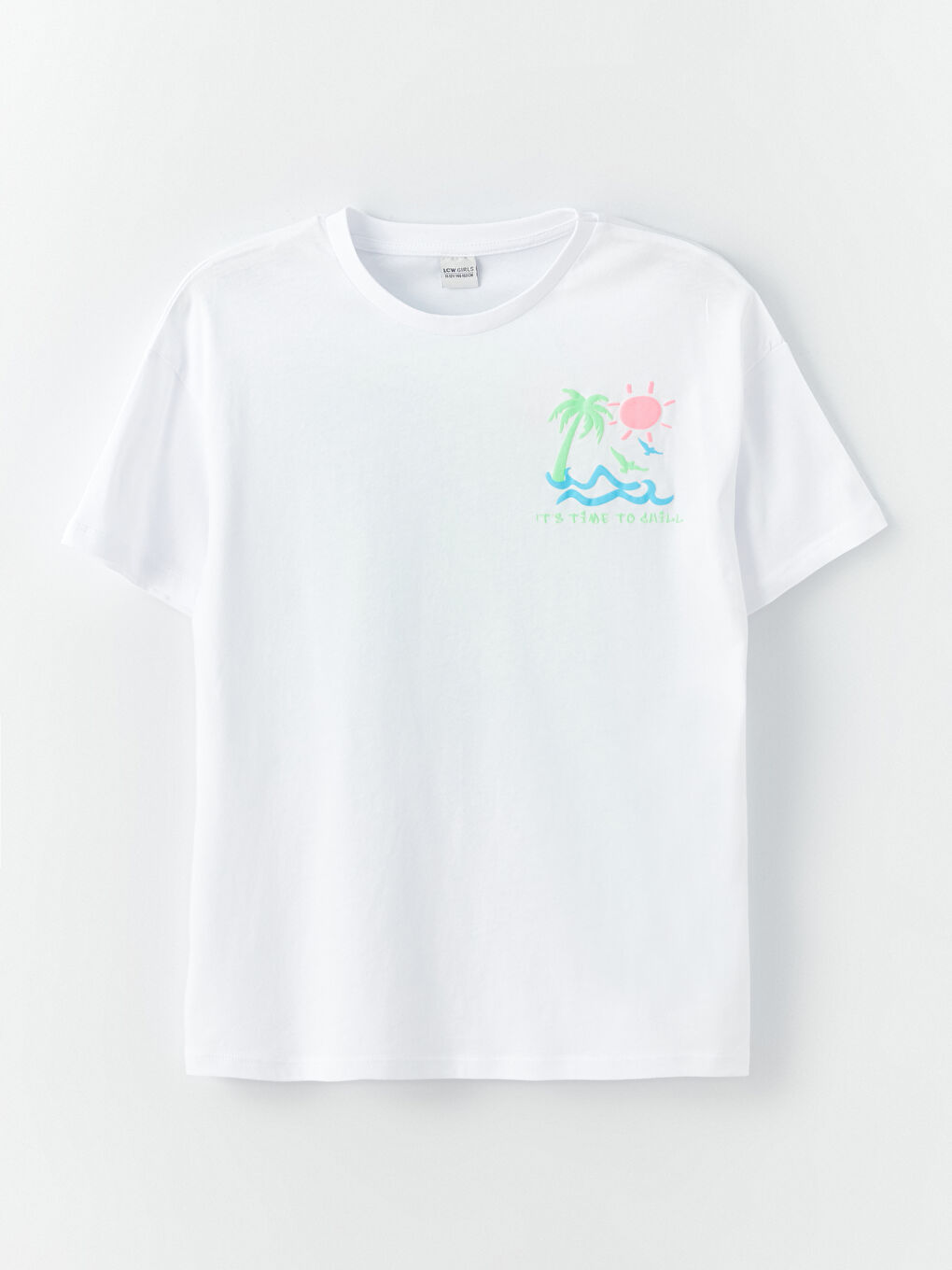 Beyaz Bisiklet Yaka Baskılı Kısa Kollu Kız Çocuk Tişört