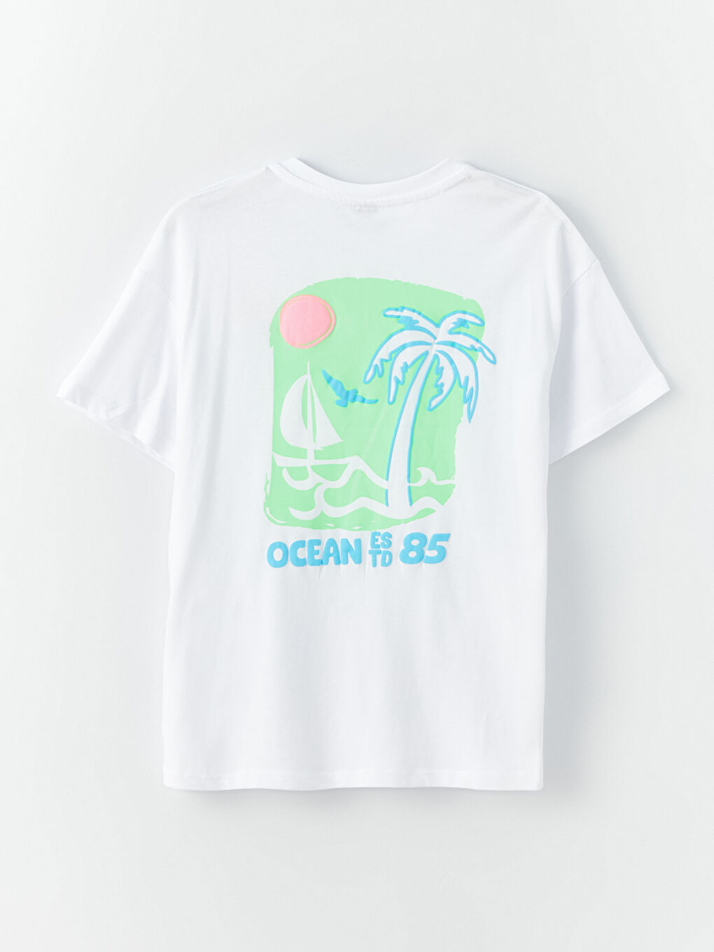 Beyaz Bisiklet Yaka Baskılı Kısa Kollu Kız Çocuk Tişört-1