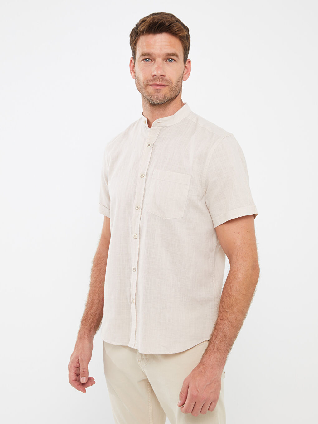 Bej Regular Fit Kısa Kollu Erkek Gömlek