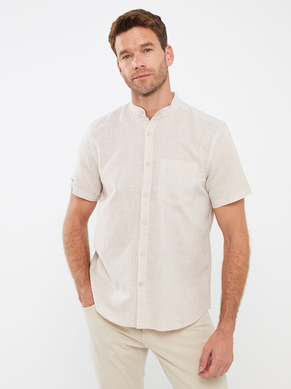 Bej Regular Fit Kısa Kollu Erkek Gömlek-1