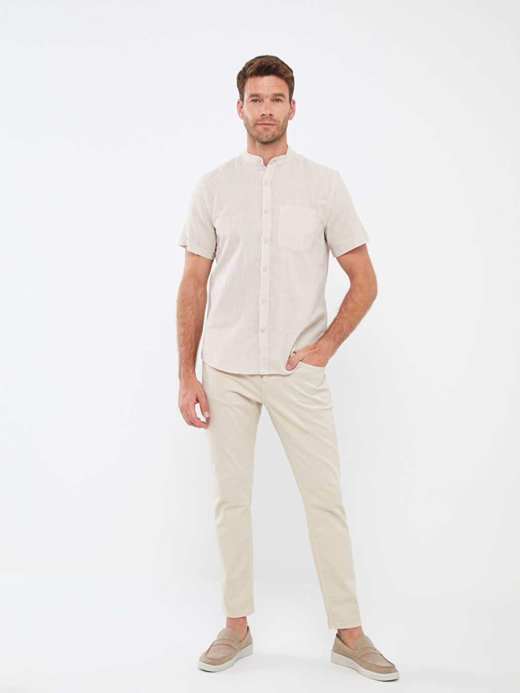 Bej Regular Fit Kısa Kollu Erkek Gömlek-2