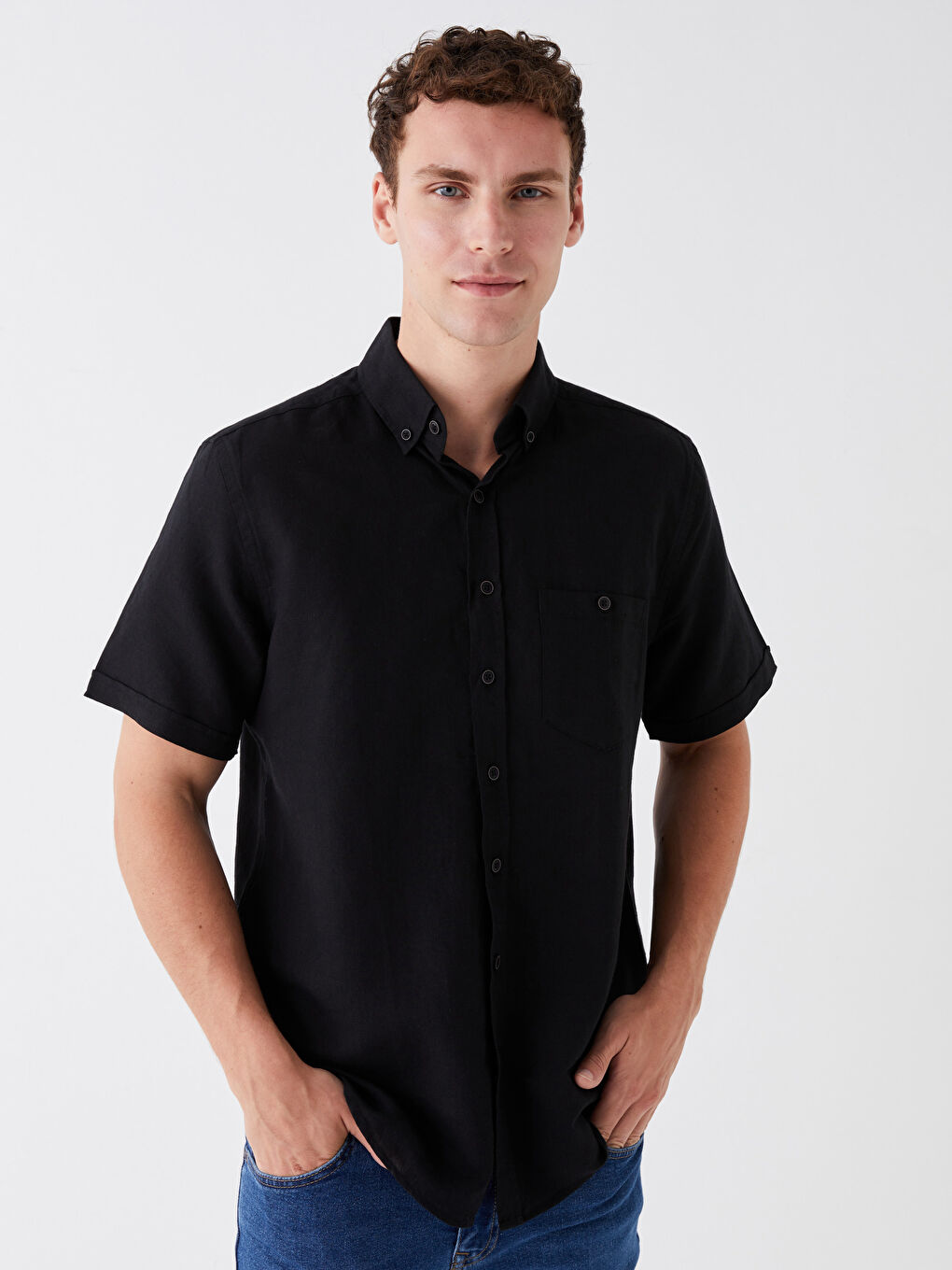 Siyah Regular Fit Kısa Kollu Erkek Gömlek-1