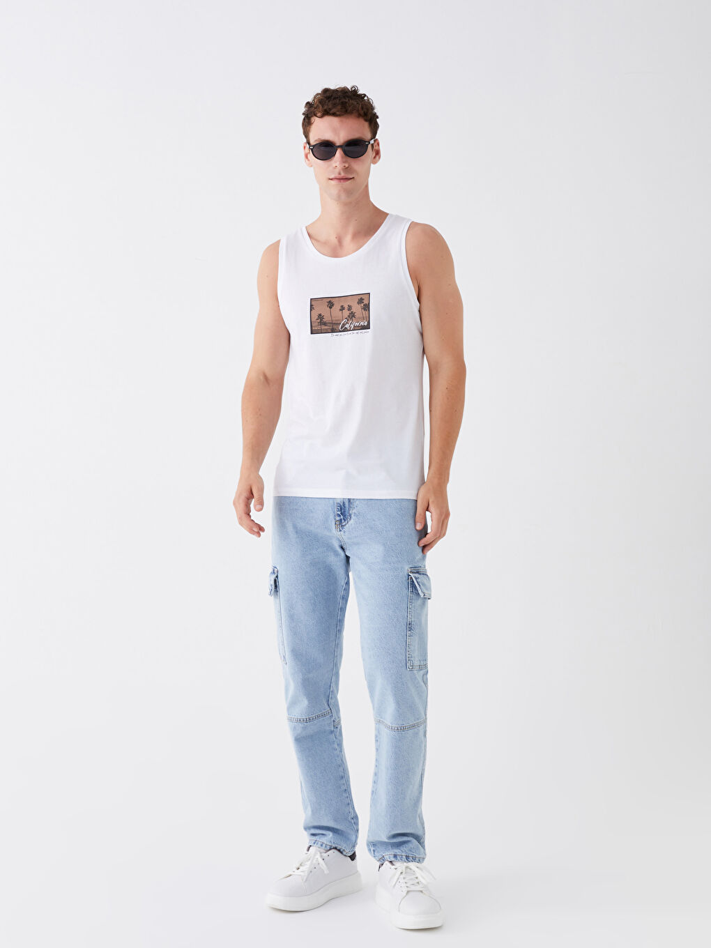 Beyaz Bisiklet Yaka Baskılı Penye Erkek Kolsuz Tişört-2