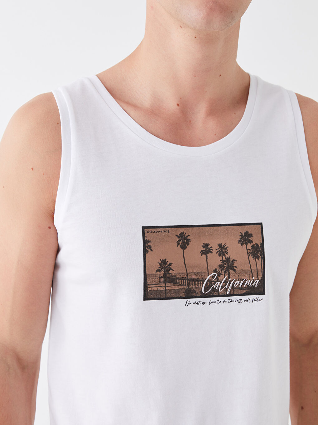 Beyaz Bisiklet Yaka Baskılı Penye Erkek Kolsuz Tişört-3