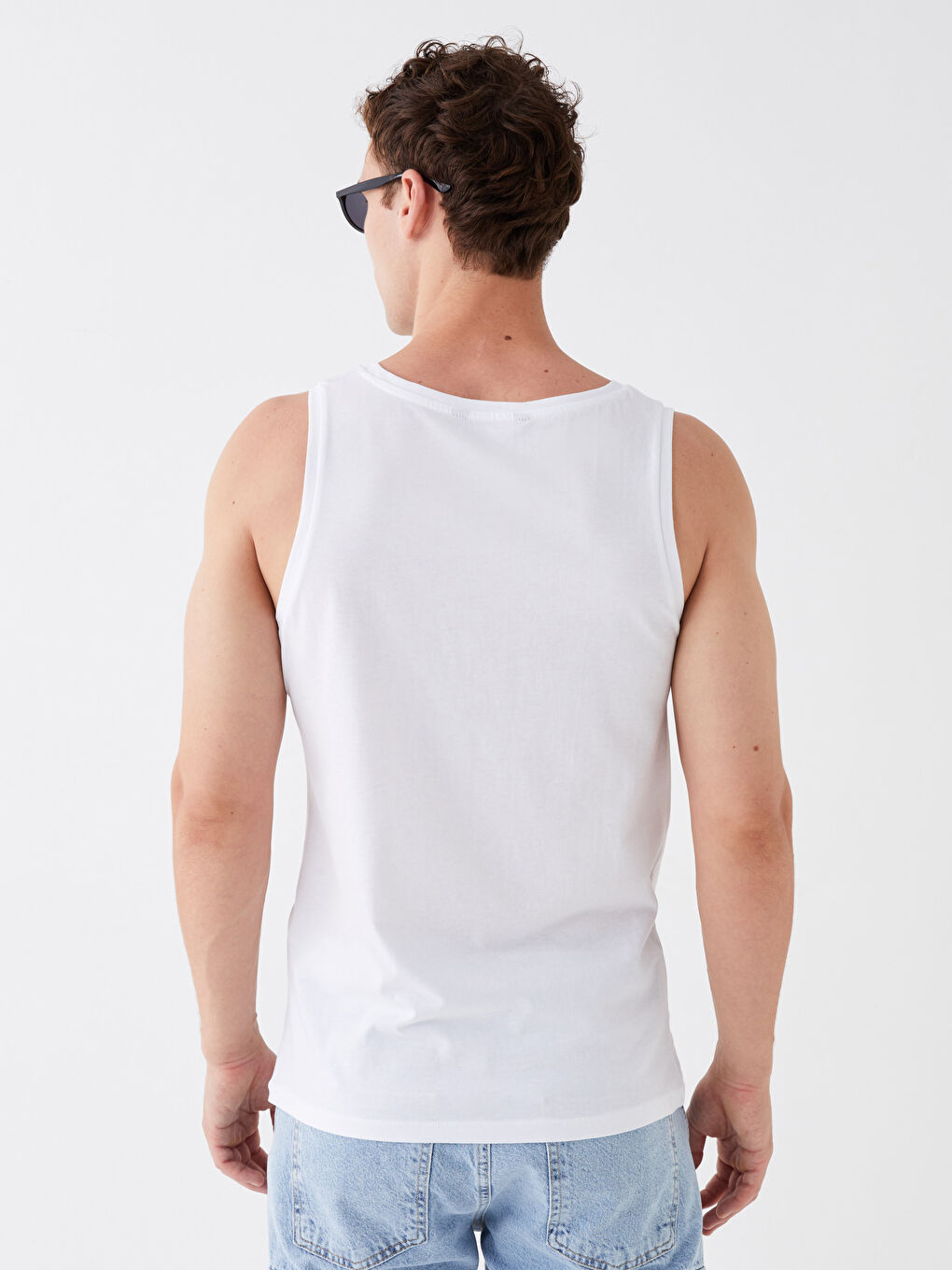 Beyaz Bisiklet Yaka Baskılı Penye Erkek Kolsuz Tişört-4