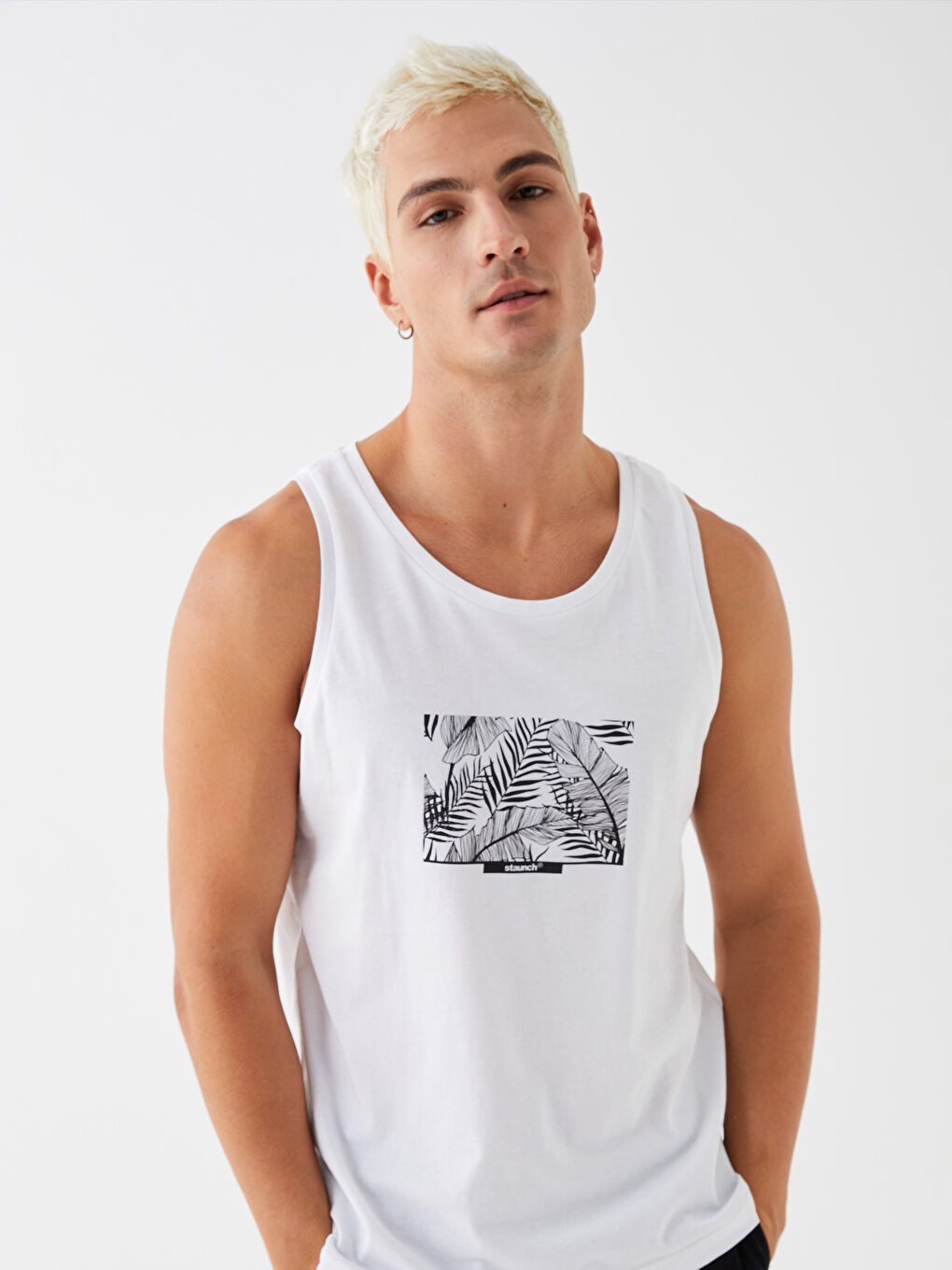 Beyaz Bisiklet Yaka Baskılı Penye Erkek Kolsuz Tişört