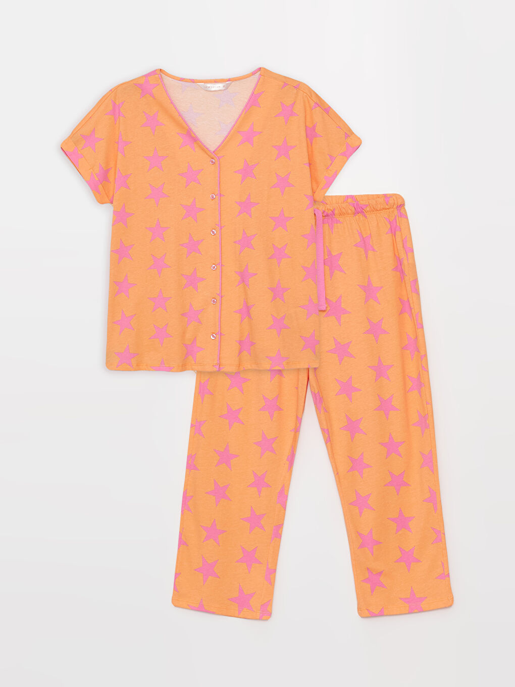 Turuncu V Yaka Baskılı Kısa Kollu Kadın Kaprili Pijama Takımı-5