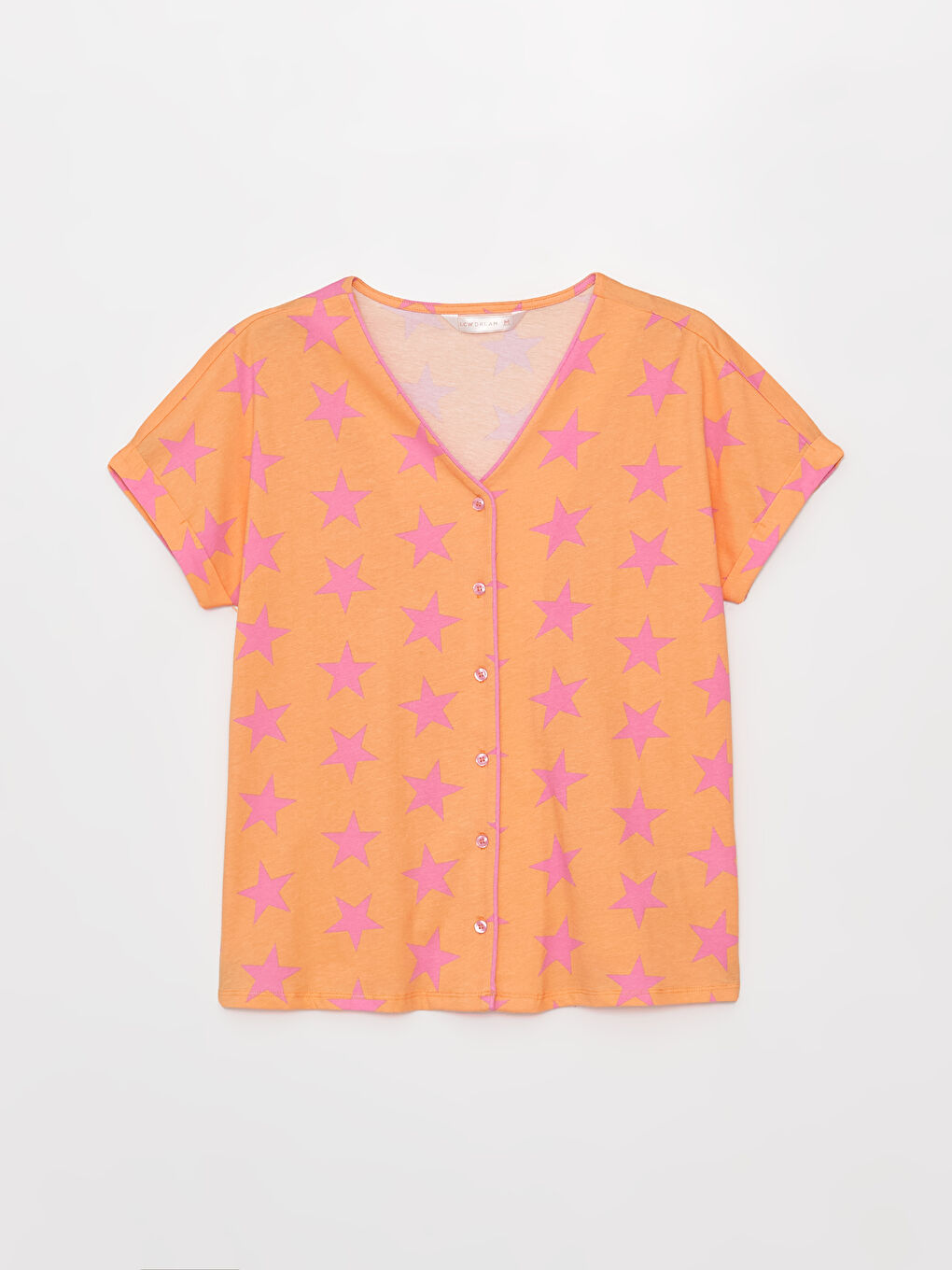 Turuncu V Yaka Baskılı Kısa Kollu Kadın Kaprili Pijama Takımı-6