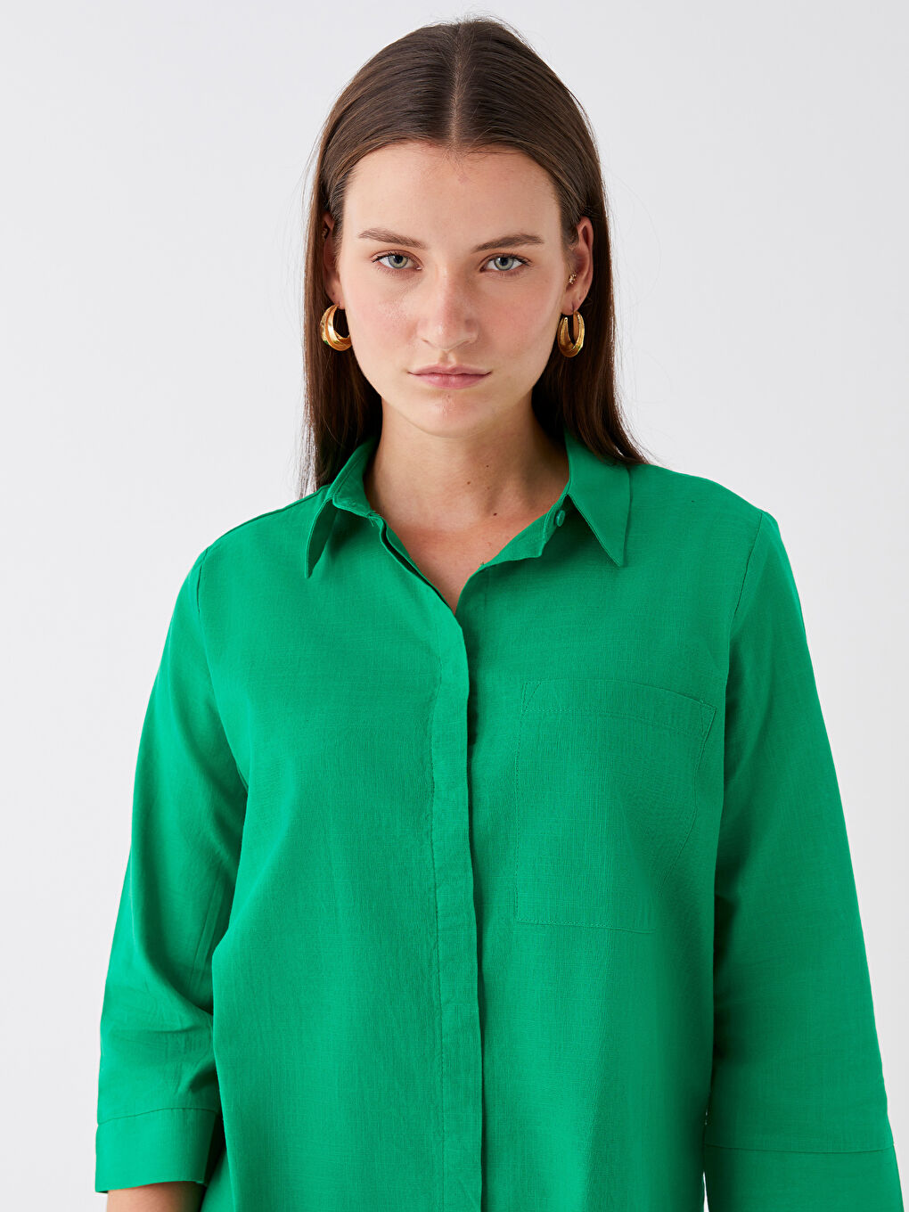 Yeşil Düz Dar Kalıp Kadın Gömlek-1