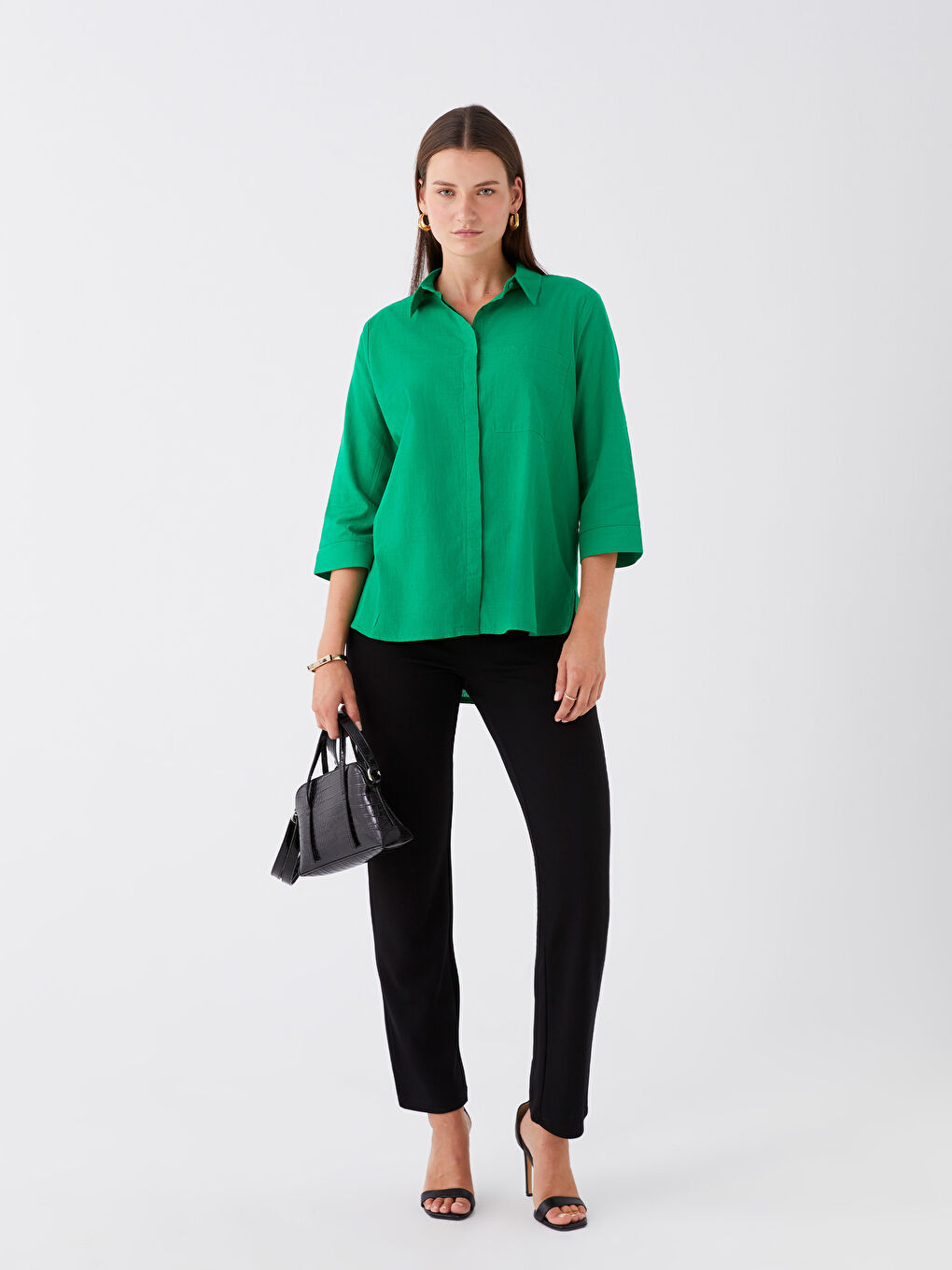 Yeşil Düz Dar Kalıp Kadın Gömlek-2