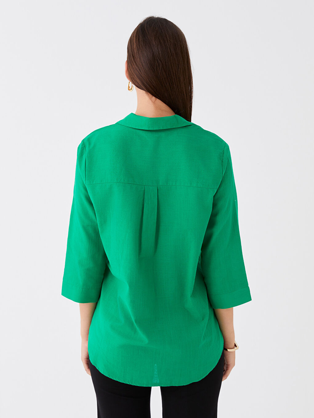 Yeşil Düz Dar Kalıp Kadın Gömlek-4