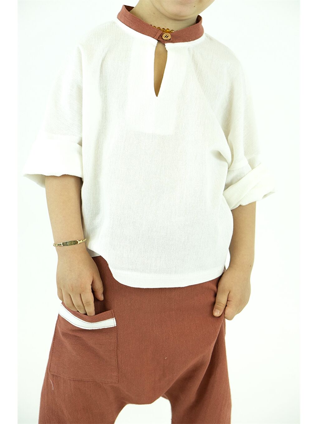 Kahverengi Erkek Bebek Gömlek ve Harem Pantolon 2'li-1