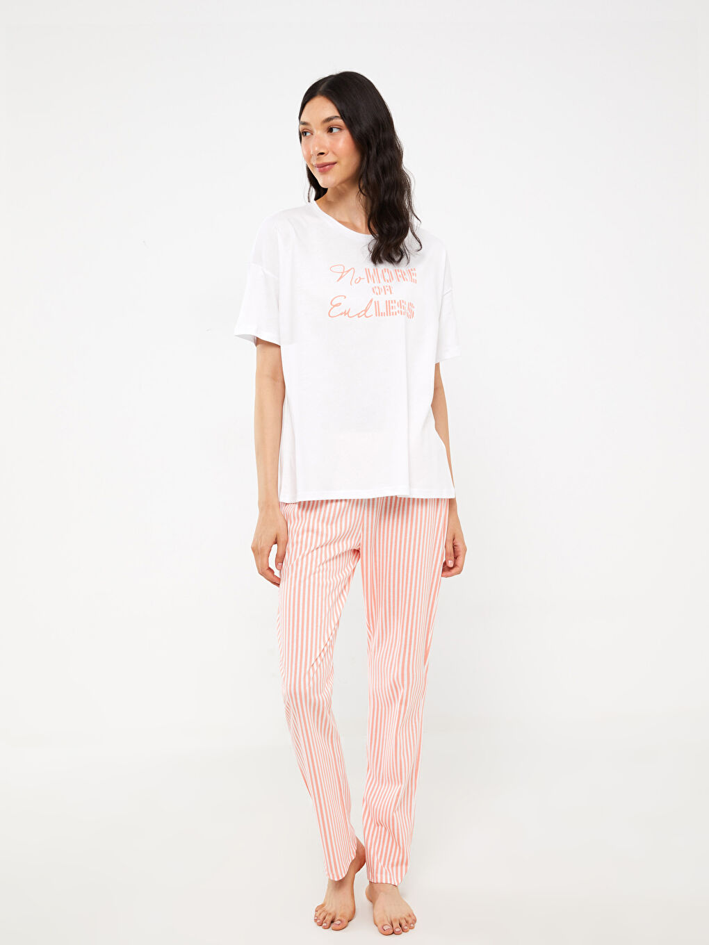 Mercan Bisiklet Yaka Baskılı Kısa Kollu Kadın Pijama Takımı
