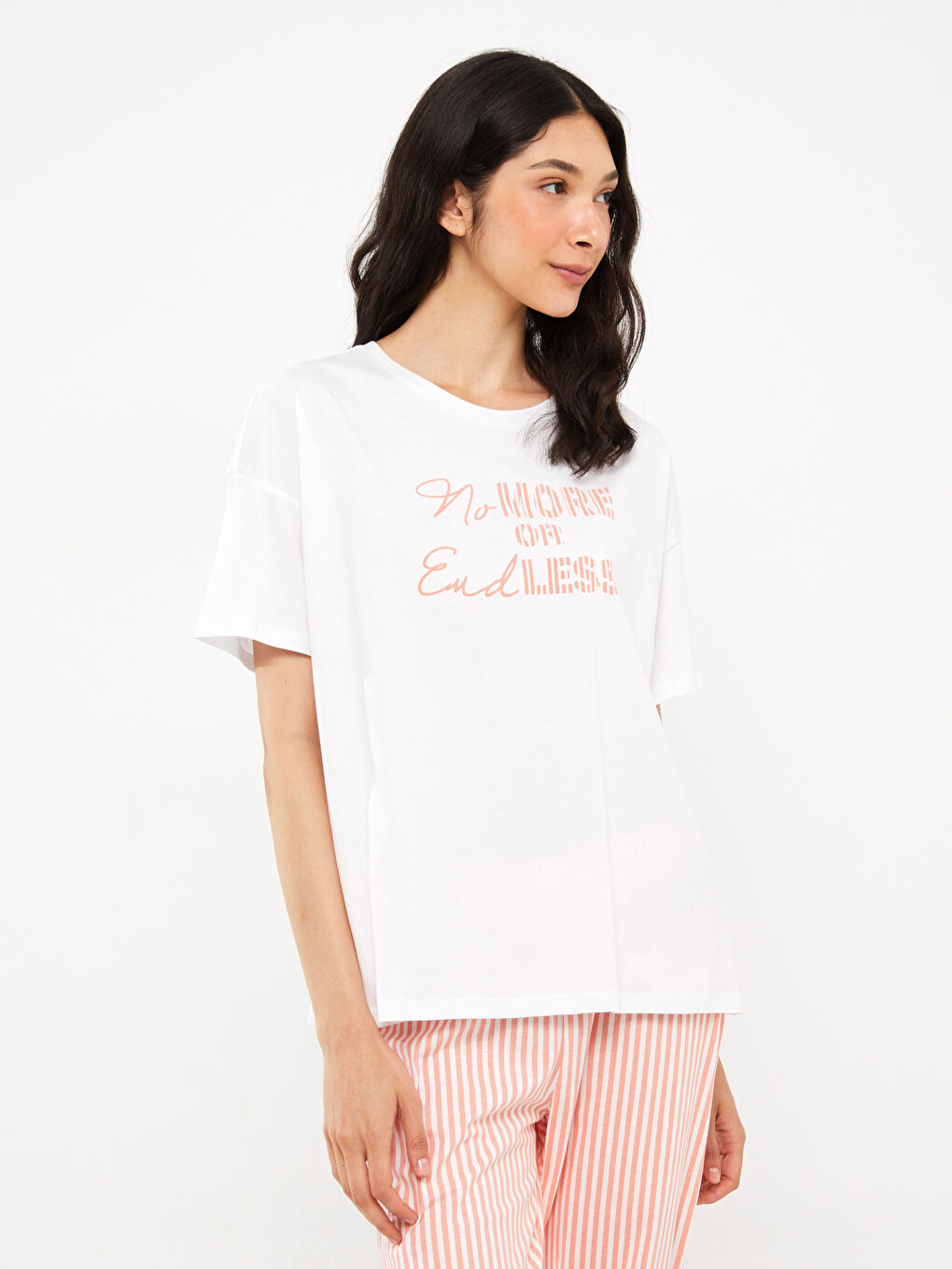 Mercan Bisiklet Yaka Baskılı Kısa Kollu Kadın Pijama Takımı-1