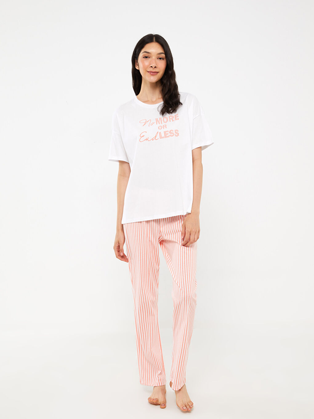 Mercan Bisiklet Yaka Baskılı Kısa Kollu Kadın Pijama Takımı-2